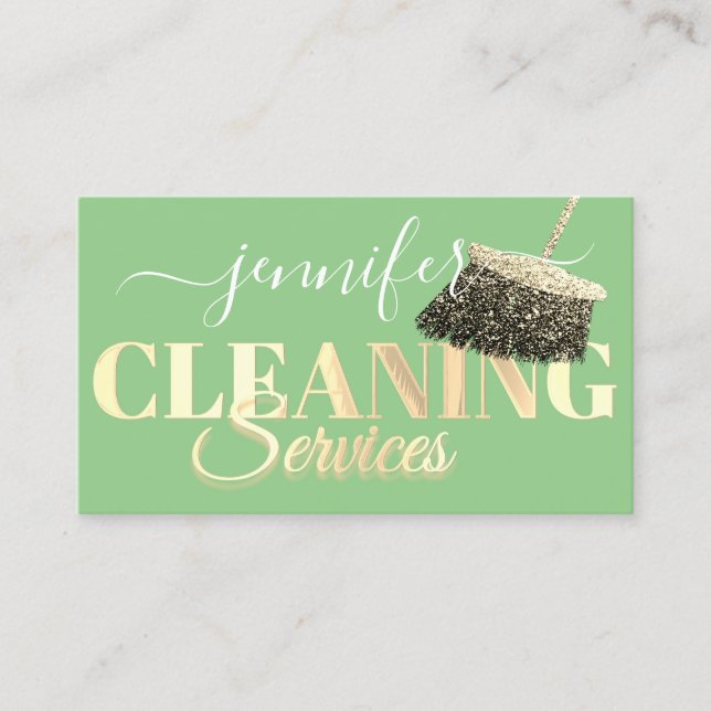 Cleaning Services Maid Golden Mint Green Logo QR  Business Card (Front)