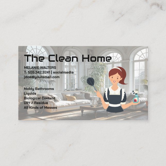 Cleaning Services Maid Graphic | House Living Room Business Card (Front)