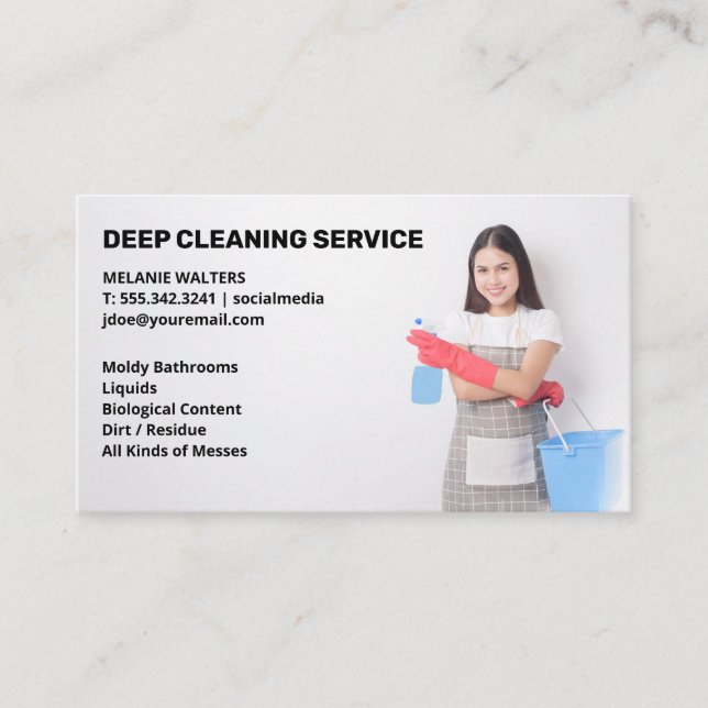 Cleaning Services | Maid Holding Bucket and Spray Business Card (Front)