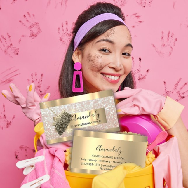 Cleaning Services Maid House Keeping Gold Glitter Business Card (Cleaning Services Maid House Keeping Gold Glitter Business Card)
