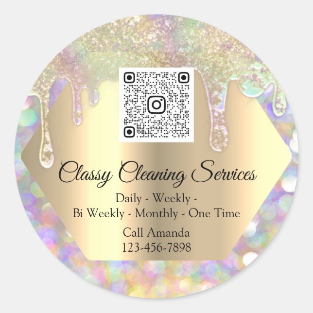 Cleaning Services Maid Housekeeper QRCode Drips Classic Round Sticker (Front)