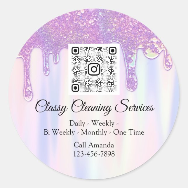 Cleaning Services Maid Housekeeper QRCode Purple Classic Round Sticker (Front)