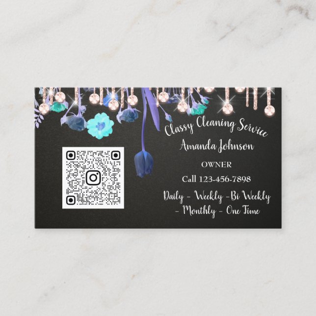 Cleaning Services Rose Maid Drips QR Floral Business Card (Front)