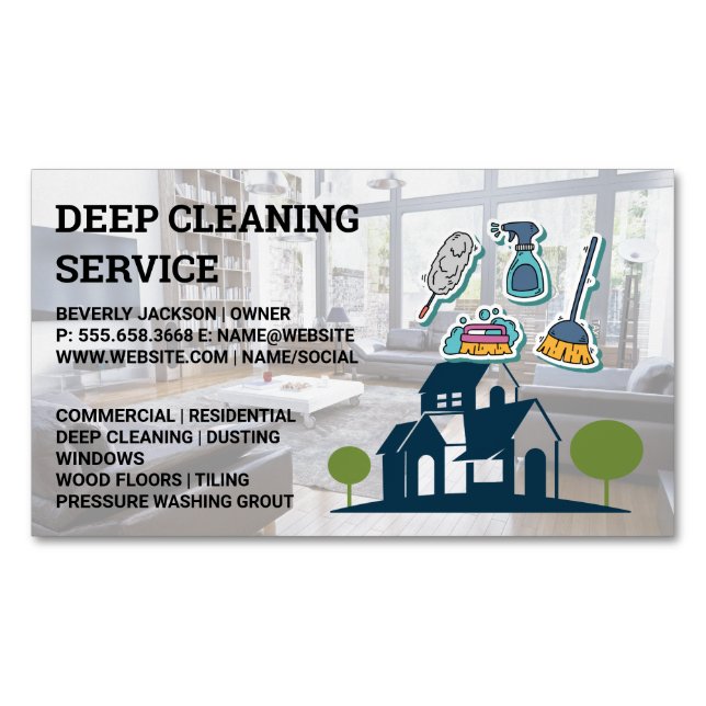 Cleaning Services | Sanitising Tools Icons Magnetic Business Card (Front)