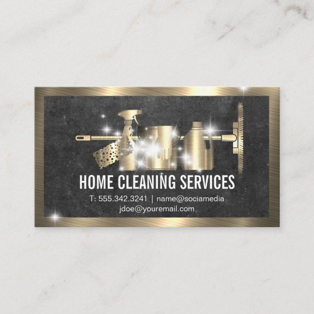 Cleaning Supplies | Gold Metallic | Sparkle Shine Business Card (Front)
