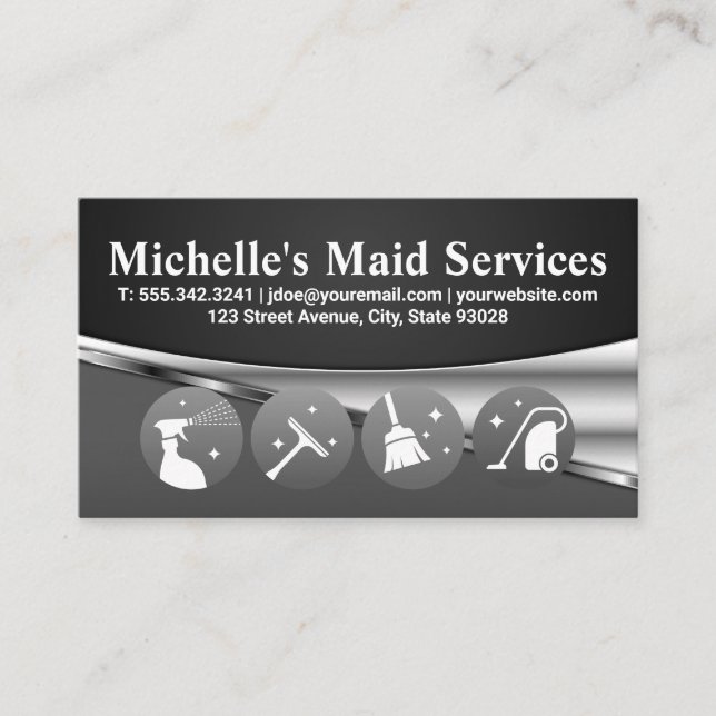 Cleaning Supplies Icons | Grey Metallic Business Card (Front)