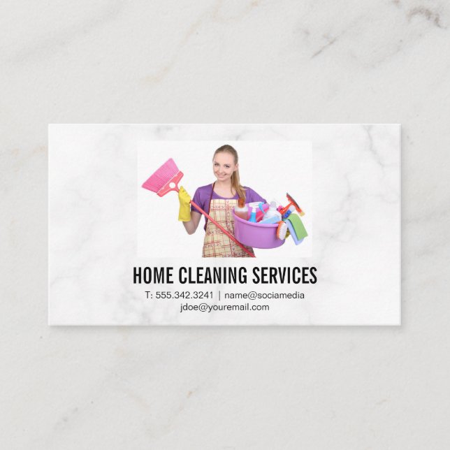 Cleaning Worker with Cleaner Supplies Business Card (Front)