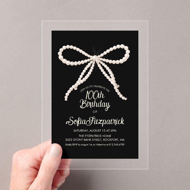 CLEAR ACRYLIC 100th Birthday Black White Pearl Bow Invitations (Insitu (Handheld))