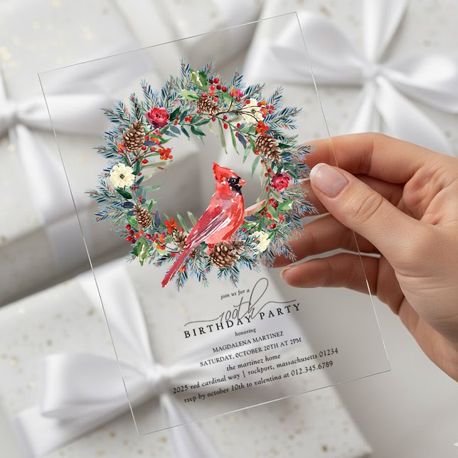 CLEAR ACRYLIC 100th Birthday Party Cardinal Acrylic Invitations (Creator Uploaded)