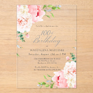 CLEAR ACRYLIC 100th Birthday Pink Peony Floral Invitations