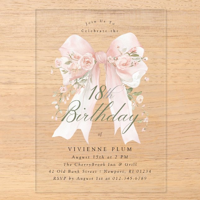 CLEAR ACRYLIC 18th Birthday Pink Bow Rose Floral Invitations (Front)