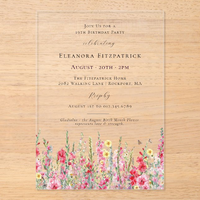 CLEAR ACRYLIC 19th Birthday August Birth Flower Invitations (Front)