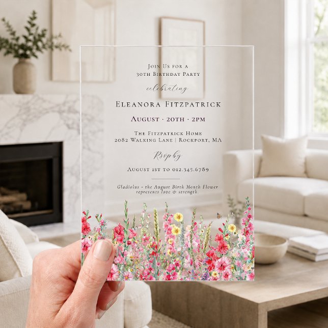 CLEAR ACRYLIC 30th Birthday August Birth Flower Invitations (Creator Uploaded)