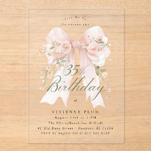 CLEAR ACRYLIC 35th Birthday Pink Bow Rose Floral I Invitations