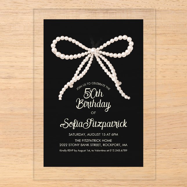 CLEAR ACRYLIC 50th Birthday Black White Pearl Bow Invitations (Front)