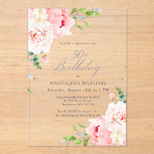 CLEAR ACRYLIC 50th Birthday Pink Peony Floral Invitations