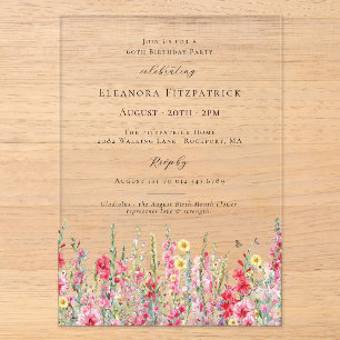 CLEAR ACRYLIC 60th Birthday August Birth Flower Invitations