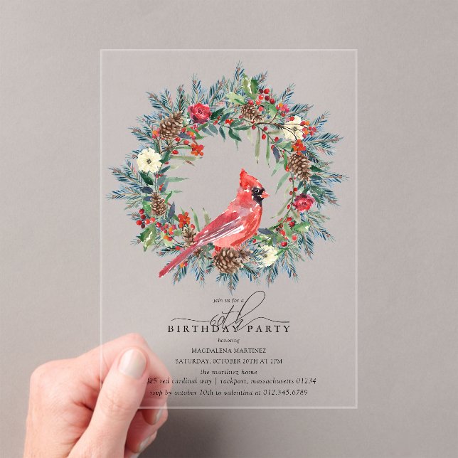 CLEAR ACRYLIC 60th Birthday Party Cardinal Invitations (Insitu (Handheld))