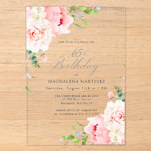 CLEAR ACRYLIC 65th Birthday Pink Peony Floral Invitations