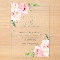CLEAR ACRYLIC 70th Birthday Pink Peony Floral