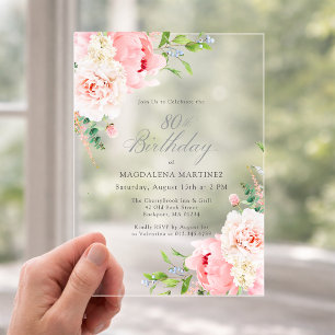 CLEAR ACRYLIC 80th Birthday Pink Peony Floral Invitations
