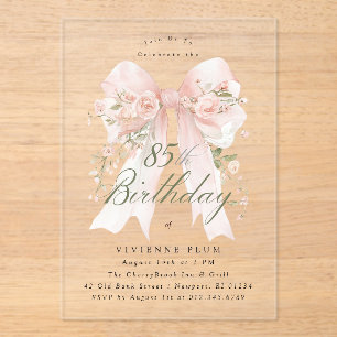 CLEAR ACRYLIC 85th Birthday Pink Bow Rose Floral Invitations
