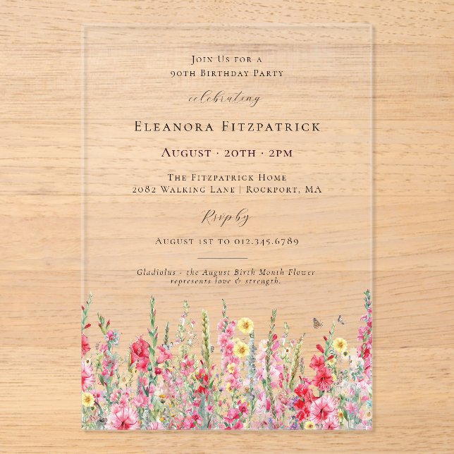 CLEAR ACRYLIC 90th Birthday August Birth Flower Invitations (Front)
