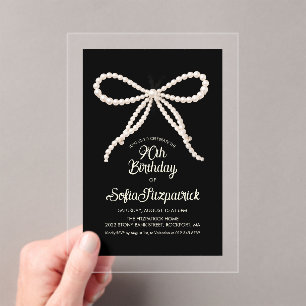 CLEAR ACRYLIC 90th Birthday Black White Pearl Bow Invitations
