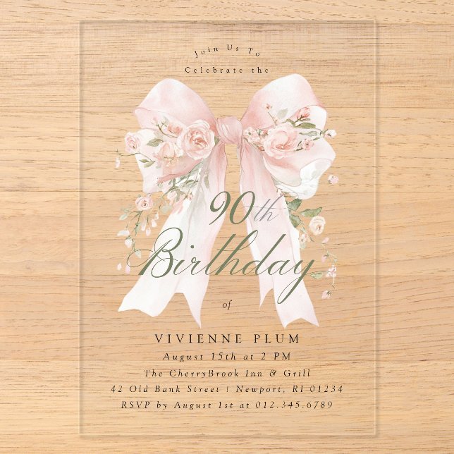 CLEAR ACRYLIC 90th Birthday Pink Bow Rose Floral Invitations (Front)