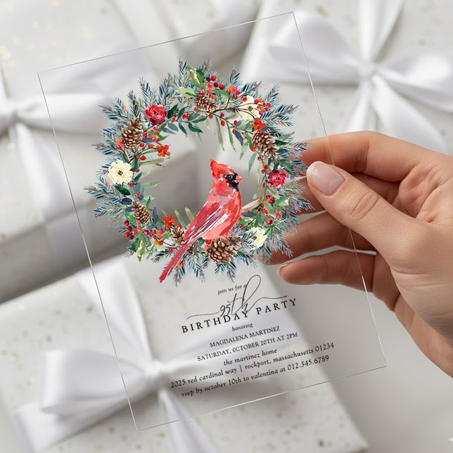 CLEAR ACRYLIC 95th Birthday Party Cardinal Acrylic Invitations (Creator Uploaded)