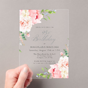 CLEAR ACRYLIC 95th Birthday Pink Peony Floral Invitations