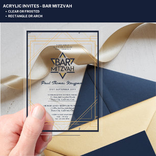Clear Acrylic BAR MITZVAH Navy Gold Modern Elegant Invitations