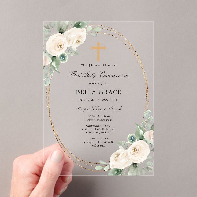 CLEAR ACRYLIC First Communion White Rose Floral Invitations (Insitu (Handheld))