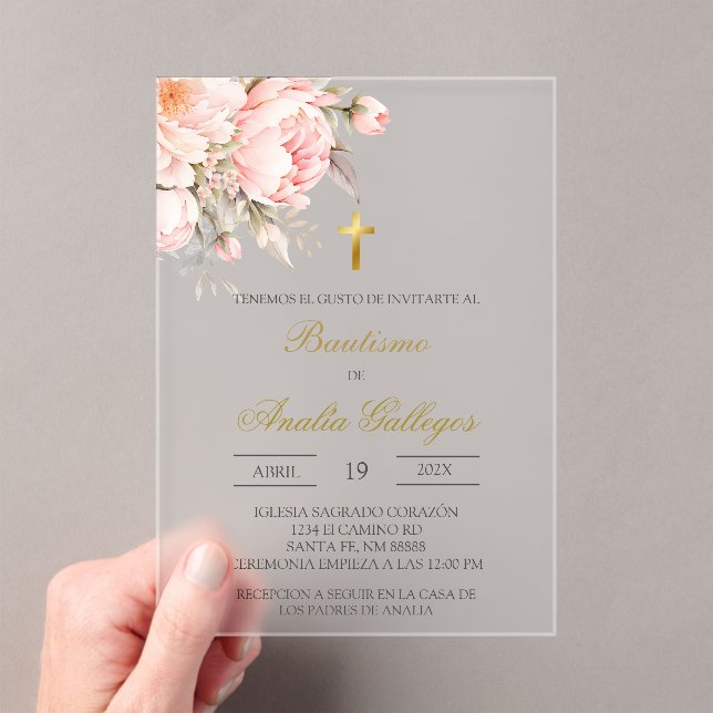 Clear acrylic floral Spanish baptism Acrylic Invitations (Insitu (Handheld))