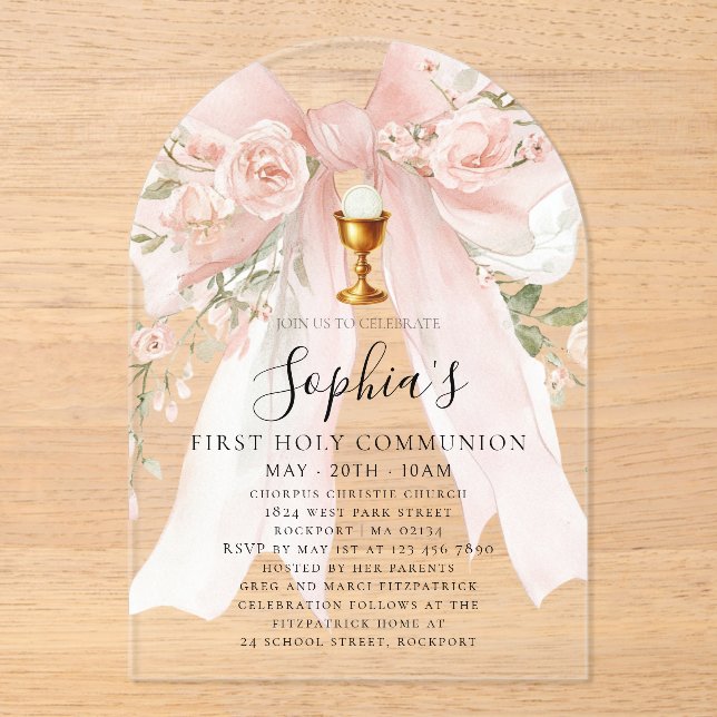 CLEAR ACRYLIC Girl First Holy Communion Pink Bow Invitations (Front)
