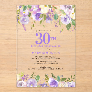 CLEAR ACRYLIC Purple Floral 30th Birthday Party Invitations