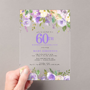 CLEAR ACRYLIC Purple Floral 60th Birthday Party Acrylic Invitations