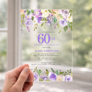 CLEAR ACRYLIC Purple Floral 60th Birthday Party Invitations