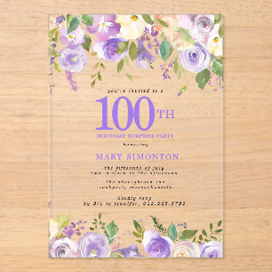 CLEAR ACRYLIC SURPRISE 100 Birthday Purple Floral Invitations