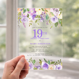 CLEAR ACRYLIC SURPRISE 19th Birthday Purple Floral Invitations