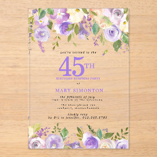 CLEAR ACRYLIC SURPRISE 45th Birthday Purple Floral Invitations