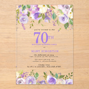 CLEAR ACRYLIC SURPRISE 70th Birthday Purple Floral Invitations