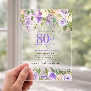 CLEAR ACRYLIC SURPRISE 80th Birthday Purple Floral Invitations