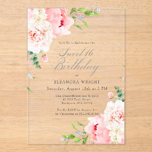 CLEAR ACRYLIC Sweet 16 Pink Peony Floral Invitations