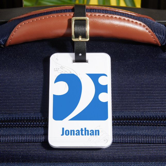 Clear Blue Bass Clef Music Symbol Luggage Tag (Front Insitu 2)