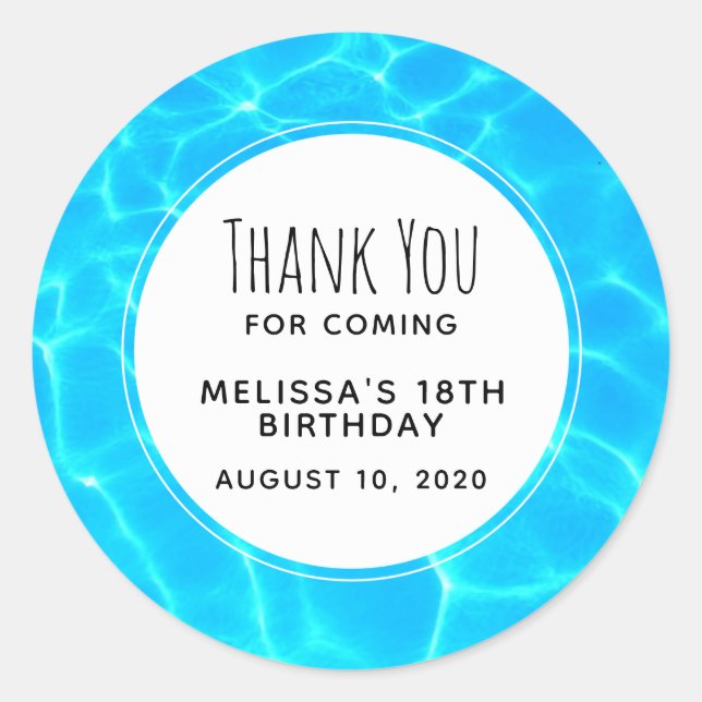Clear Blue Pool Water Photo Birthday Thank You Classic Round Sticker (Front)