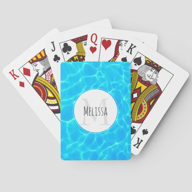Clear Blue Pool Water Photo Monogram Playing Cards (Back)