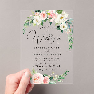 Clear Blush Pink Floral Wedding  Acrylic Invitations