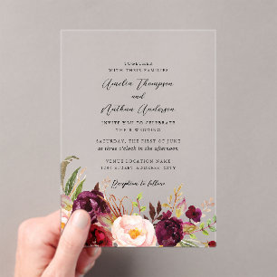 Clear Burgundy Rustic Botanical Florals Wedding Acrylic Invitations
