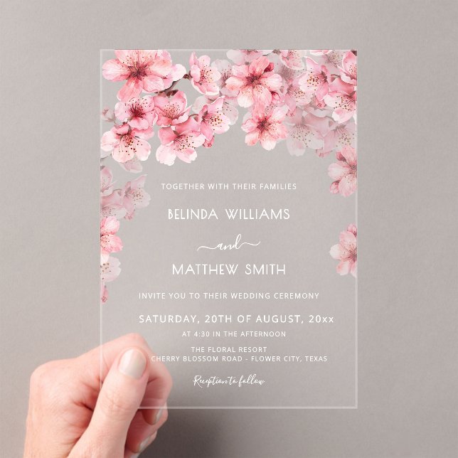 Clear Cherry Blossom Wedding Acrylic Invitations (Insitu (Handheld))